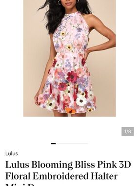 Lulu's Pink 3D Floral Embroidered Halter Mini Dress
